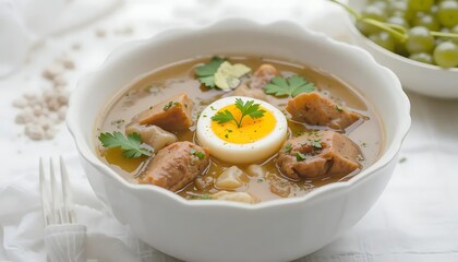 Bowl of soup, clear broth, boiled egg, meat pieces, parsley garnish, white ceramic bowl, white background