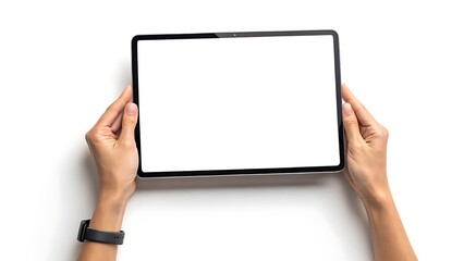 Hands holding a tablet with blank screen on white background perfect for app presentation or website mockup
