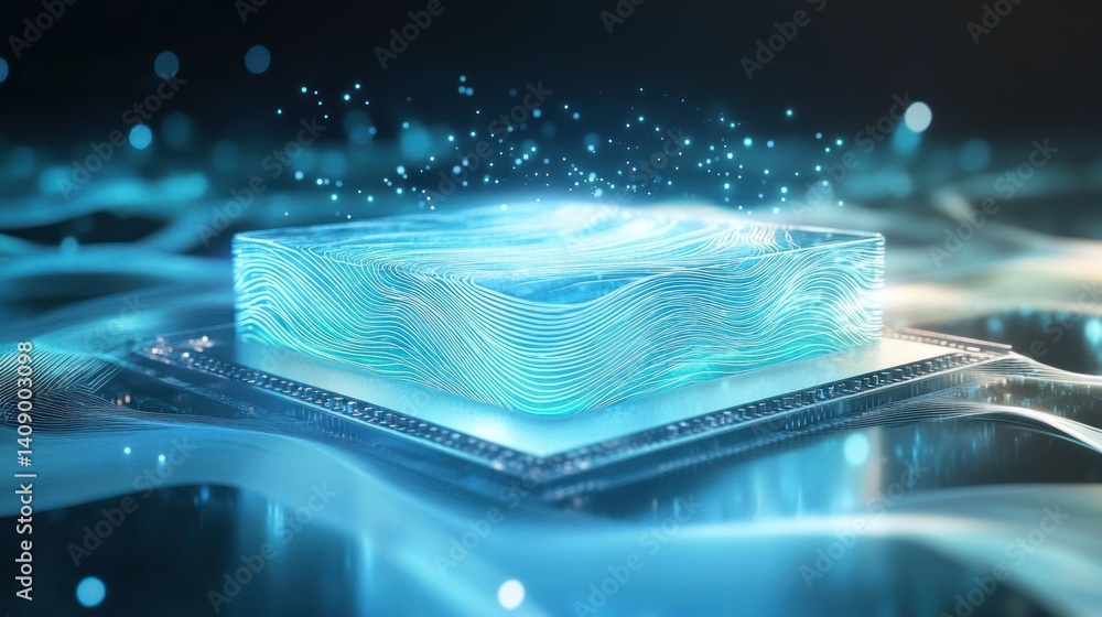 Poster a futuristic microchip design illuminated by blue light and flowing lines, representing advanced tec