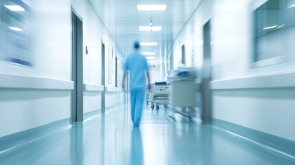 A healthcare professional walking down a hospital corridor, symbolizing dedication and care in medical environments.