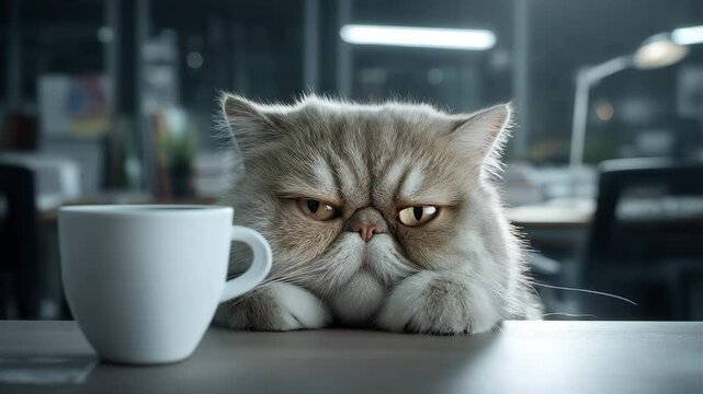 The Grumpy Office Cat: A fluffy Persian cat stares pensively at a white cup of coffee, showcasing the endearingly grumpy demeanor of a beloved office companion.