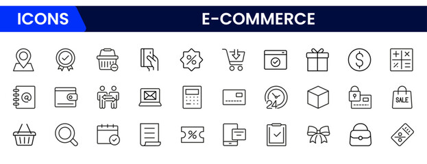 Vector illustration web line icon collection featuring shopping carts, mobile payments, online stores, product listings, delivery boxes, discount tags, checkout, user reviews, and transactions.