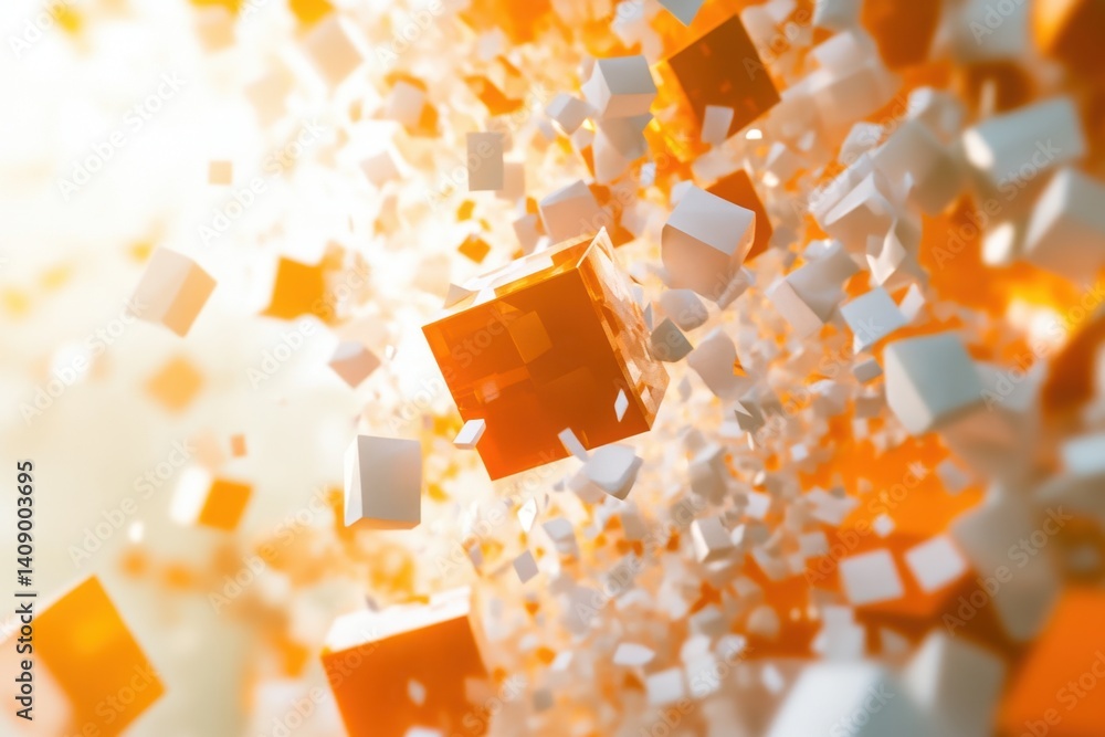 Poster flight over rapidly moving cubes in a technology-inspired background, flight over fast moving cubes 