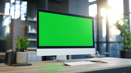 Fototapeta premium A modern workspace featuring a blank computer screen ready for your creative ideas, surrounded by greenery for inspiration.