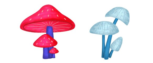Set of mushroom drawing cartoon isolated on white