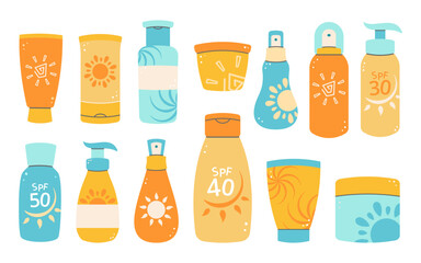 Set of colorful sunscreen bottles and lotions with SPF labels. Ideal for summer, beach, or skincare projects