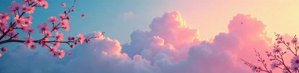 Fototapeta premium Gradient rainbow hues blend with delicate fluffy clouds and wispy branches , airy, pastel, gradient