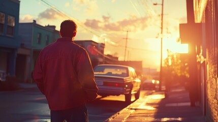 A person walking towards a warm sunset, embodying carefree moments and reflective thoughts on a peaceful street.