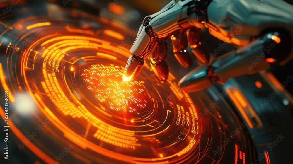 Poster a robotic hand interacts with a futuristic display, showcasing advanced technology and innovation in