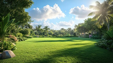 Fototapeta premium A tranquil, expansive backyard with fresh green grass and a clear blue sky, no trees 