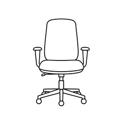 Fototapeta premium Office chair illustration: A simple, line-drawn illustration of a swivel office chair, depicting its basic structure with armrests, seat, backrest, and a rolling base.