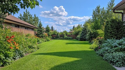 Fototapeta premium A tranquil, open backyard with green grass and a vast blue sky, no trees or obstacles 