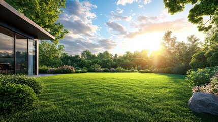 Obraz premium A tranquil, wide-open backyard with lush green grass and a peaceful blue sky, no trees