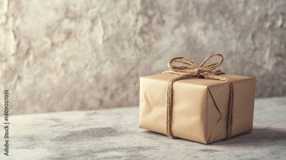 Poster a beautifully wrapped brown package tied with twine sits on a rustic table. this image captures the 