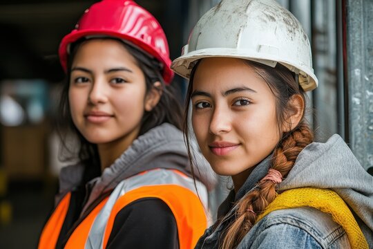 Two young women wear hard hats and work clothes, smiling slightly. This photo shows diversity and career opportunities for women.