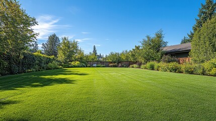 Obraz premium A vast backyard with smooth green grass and a bright, clear blue sky, no trees or obstacles 