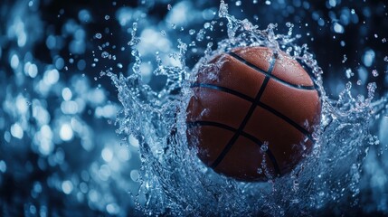 A high-energy image capturing a basketball splashing through water, showcasing motion and vibrancy. The dynamic action and droplets create a thrilling visual experience.