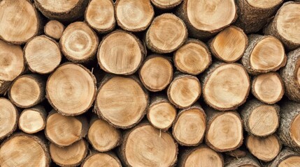 Stacked pine and spruce logs in a forest clearing, a serene woodland scene of natural harmony.
