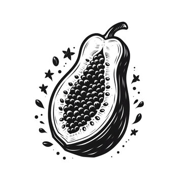 black and white papaya fruit cut open clip art preview