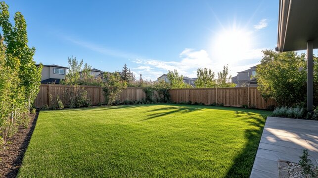 A wide, empty backyard with smooth, green grass and a bright, cloudless blue sky 