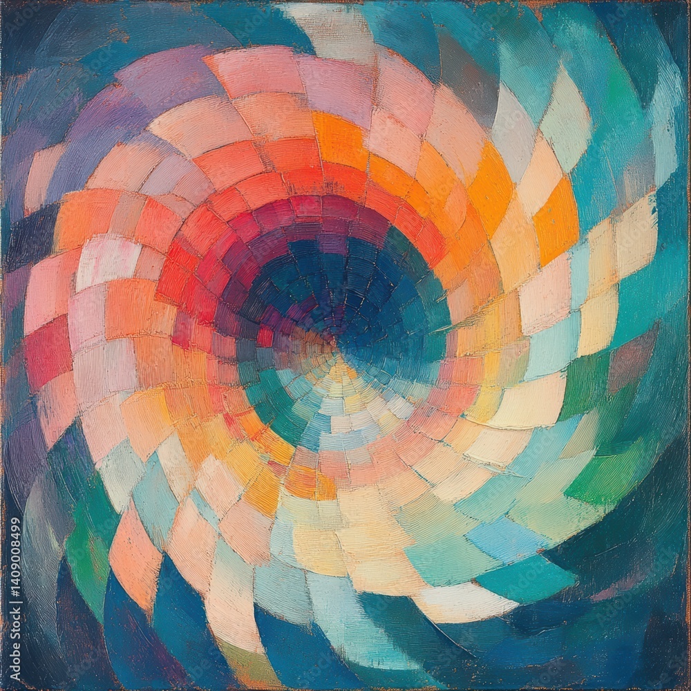 Poster colorful spiral design on a blue background, creating a vibrant and dynamic visual effect.