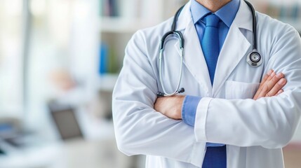 A confident doctor in a white coat stands with arms crossed in a modern medical office. The stethoscope around the neck symbolizes professionalism and trust in healthcare.