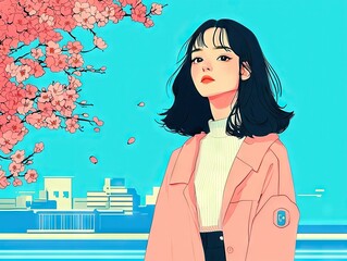 Spring blossom scene featuring young woman in cherry blossom park colorful art vibrant urban environment