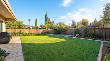 Obraz premium An empty, open backyard with vibrant grass and a stunning blue sky, no trees in the distance 