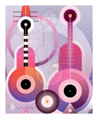 Fotobehang Poster design template with guitars and abstract geometric shapes. Modern art vector collage, artistic mix of objects and design elements with gradient effect. ©  danjazzia