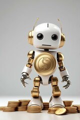 robot gently planting glowing gold coins into the ground.