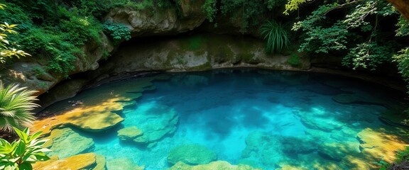 Obraz premium Serene Turquoise Pool nestled within Lush Tropical Rainforest Crystal clear water reflects sunlight A natural wonder
