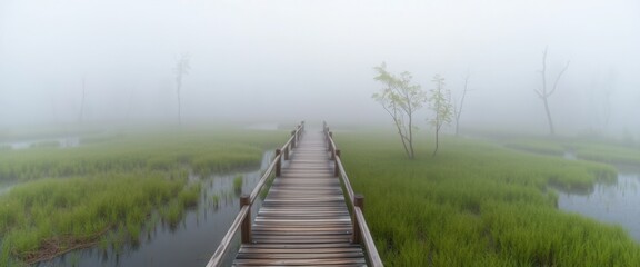 Fototapeta premium Serene Wooden Footbridge in Misty Marsh Landscape Tranquil Nature Scene