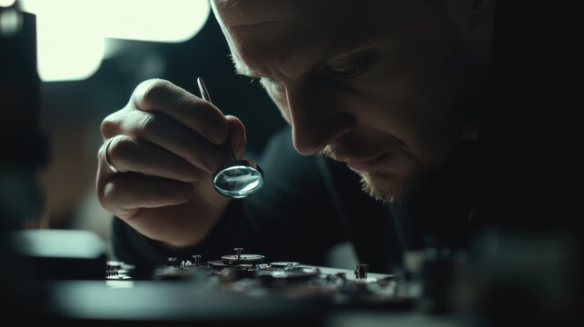 Watchmaker assembling gears under a magnifying glass. Featuring precision and patience