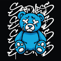 Fototapeta premium Blue Sad Teddy Bear Illustration with slogan Sadness Urban Streetwear Art
