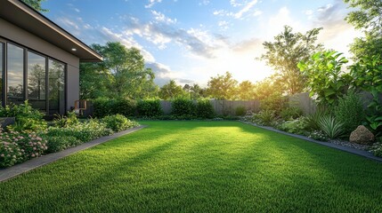 Fototapeta premium An open, bright backyard with soft green grass and a stunning, tree-free blue sky 