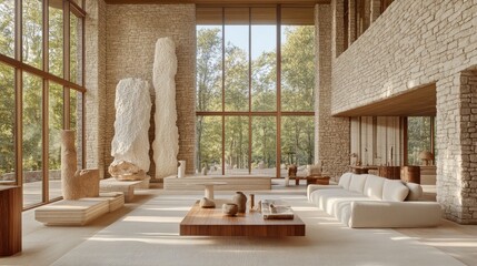 Modern minimalist living room with natural stone and wood.