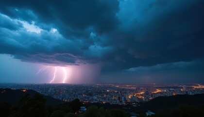 Dramatic Stormy Sky with Lightning Over Cityscape at Twilight
