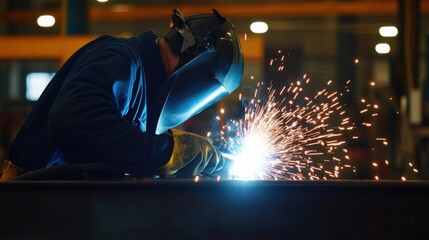 Welder fusing metal beams at a busy industrial facility. Featuring sparks and concentration