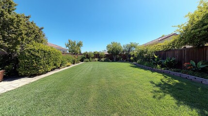 Fototapeta premium An open, sunny backyard with green grass and a wide, cloudless blue sky, no trees around