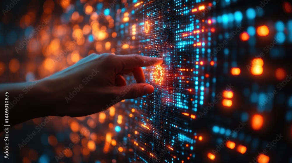 Poster a hand reaches out to interact with an immersive digital display filled with vibrant blue and orange