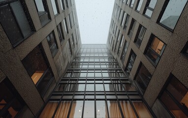 Obraz premium Rainy Day Cityscape: Glass Building Between Brown Structures