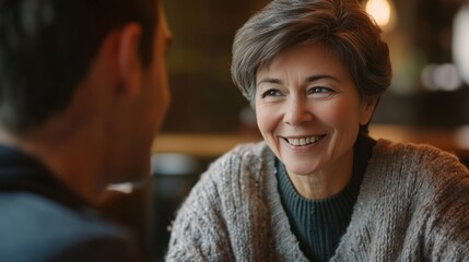 A warm conversation between two individuals, highlighting connection and joy in a cozy cafe setting.