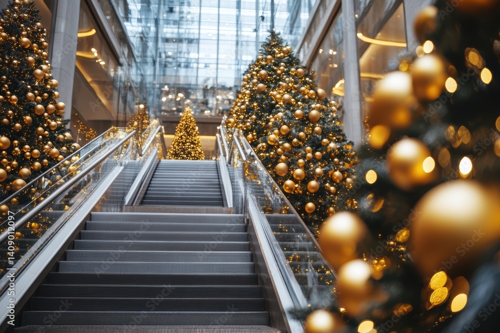 Poster a festive display of christmas trees adorned with gold balls in a building setting.