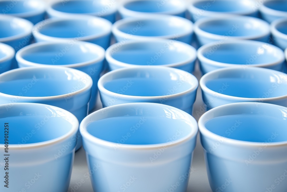 Poster a collection of cups arranged neatly on a table surface.