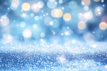Naklejka premium Sparkling blue backdrop featuring stars and bokeh lights for a dreamy atmosphere.