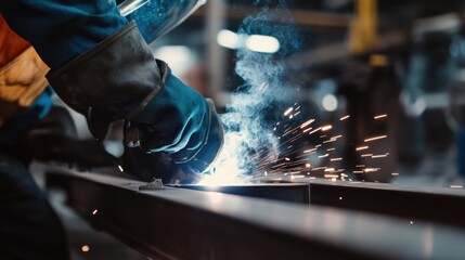 A construction worker welding two metal pieces together. Featuring craftsmanship and safety