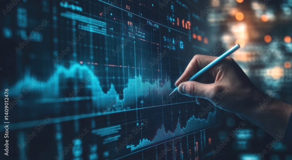 Poster close-up of a hand using a stylus to analyze financial data on a digital screen with graphs and char