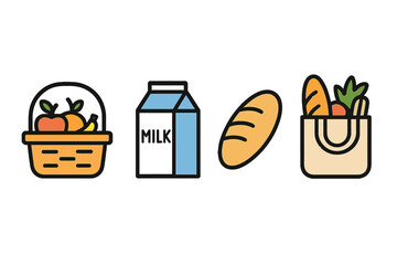 A set of icons depicting fundamental grocery items in a flat design