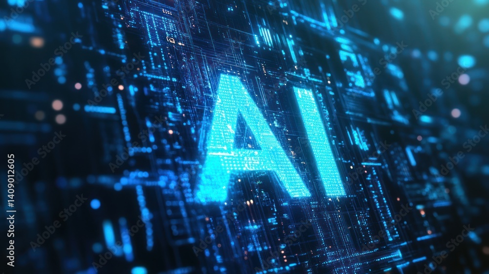 Poster close-up of glowing ai symbol on a digital circuit board background, representing artificial intelli