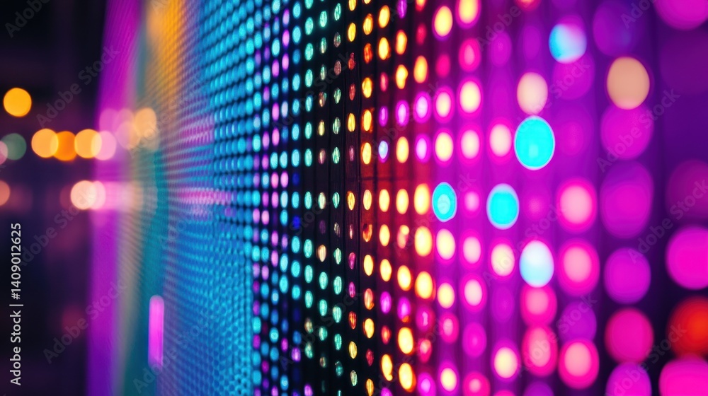 Poster close-up of vibrant led lights creating a colorful abstract background with smooth bokeh effect, per